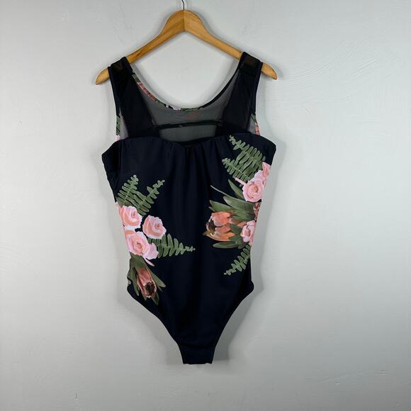 NWOT Black One Piece Floral Strappy Back Mesh Swimsuit - Picture 3 of 12